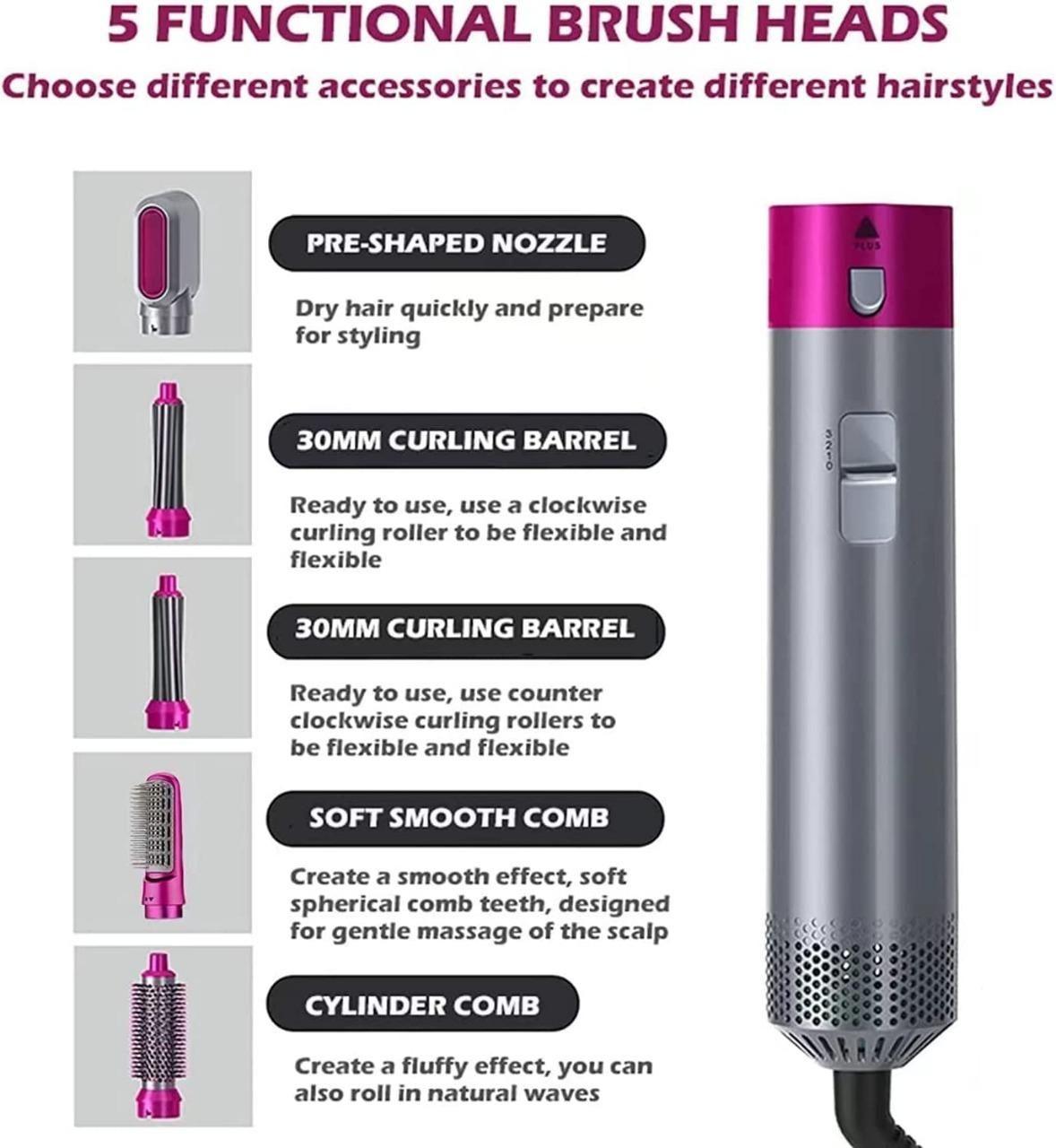 5 in 1 Hair Styler for Women - Multifunctional Hot Air Brush with Detachable Heads