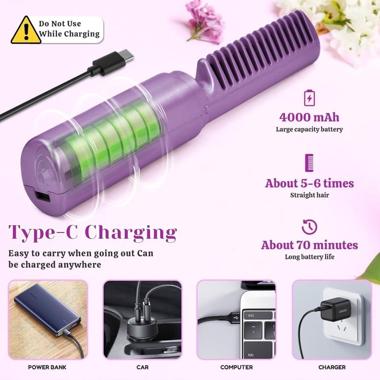 Wireless Hair Straightening Brush | Rechargeable Hair Straightener Brush For Women | Cordless Heat Straightener Comb, Electric Hair Brush Straightener with Negative Ion, Ptc Heating;,